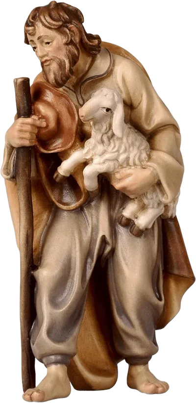 Shepherd with Stick and Lamb – nativity figure by Pema Woodcarvings