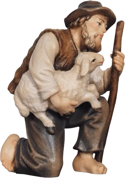 Shepherd Kneeling with Lamb – nativity figure by Pema Woodcarvings
