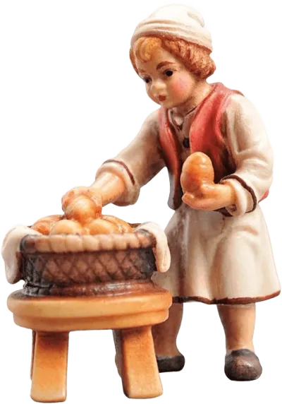 Hand-carved wooden boy holding bread basket, hand-painted with red vest and white clothing