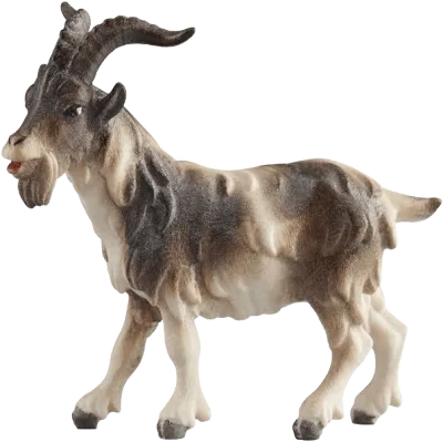 Hand-carved and hand-painted wooden billy goat figure with curved horns in brown and cream tones