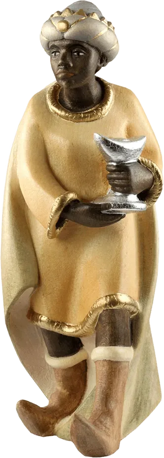Hand-carved wooden Black Wise Man figure holding silver chalice, painted with gold-trimmed robe and turban