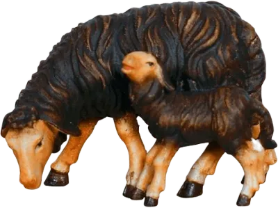 Dark Sheep Grazing with Lamb – nativity figure by Pema Woodcarvings