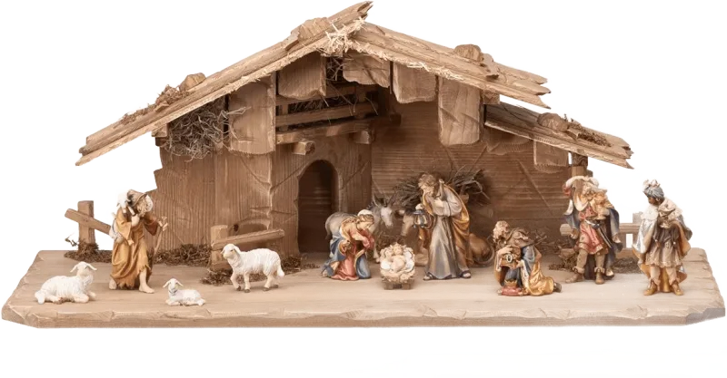 14-piece hand-carved wooden nativity set with rustic stable and colorful painted figures