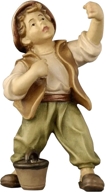 Hand-carved wooden figure of a boy with a bucket, painted in earth tones, wearing vest and hat