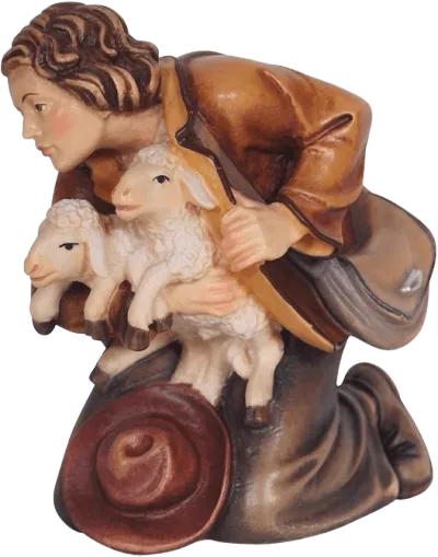 Shepherd Kneeling with Two Lambs – nativity figure by Pema Woodcarvings