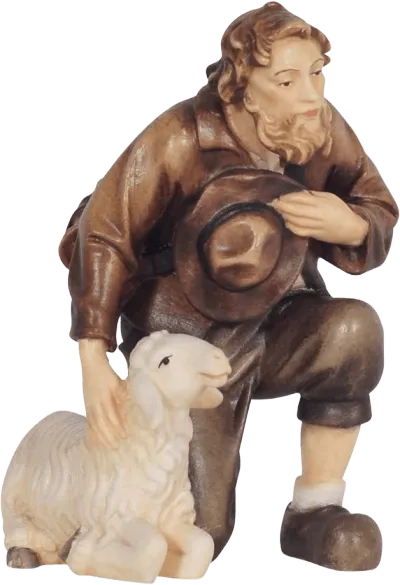 Shepherd Kneeling with Sheep – nativity figure by Pema Woodcarvings